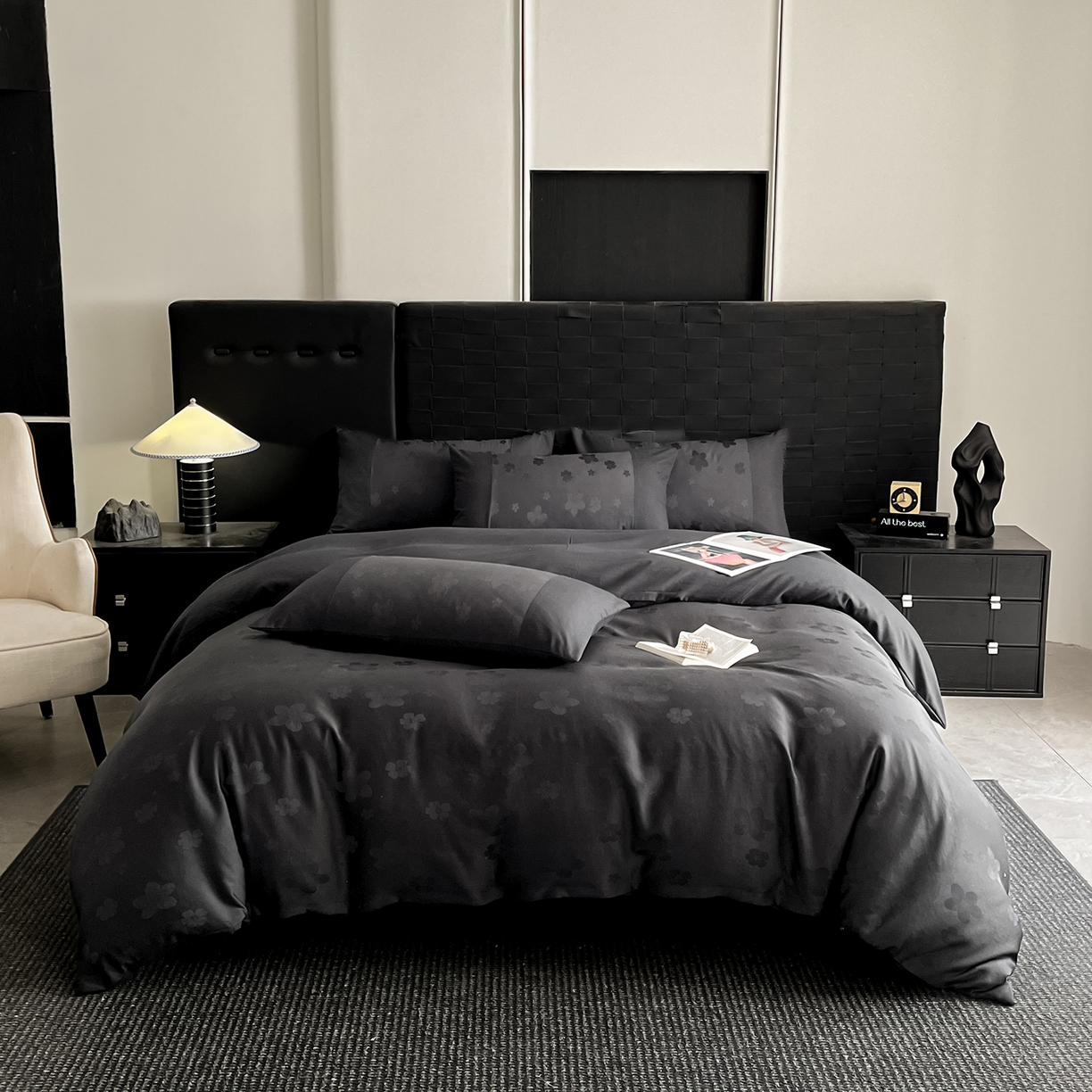 91家纺网 家纺一手货源 找家纺 你好美丽 2026新款柔软水洗棉立体浮雕提花四件套-繁花系列 繁花黑