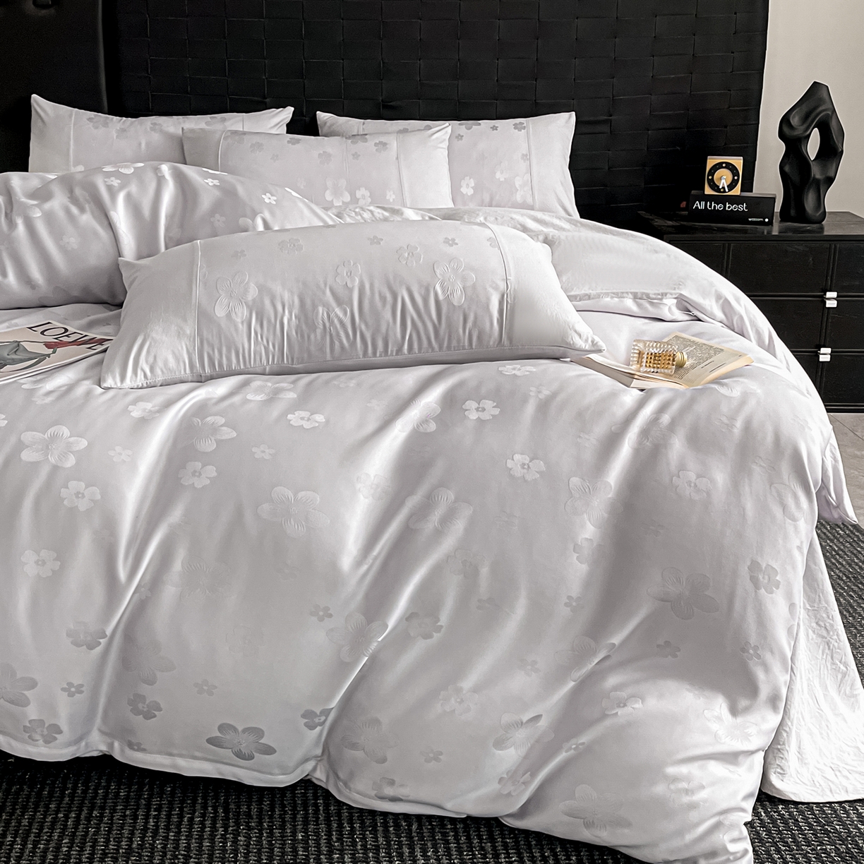 91家纺网 家纺一手货源 找家纺 你好美丽 2026新款柔软水洗棉立体浮雕提花四件套-繁花系列 繁花灰