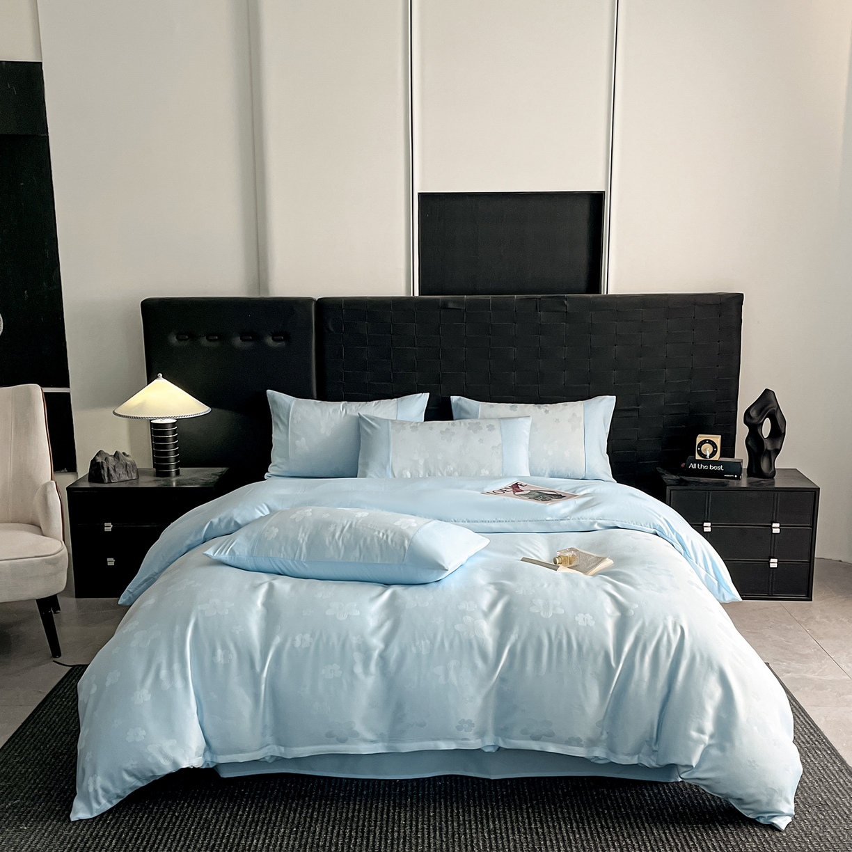 91家纺网 家纺一手货源 找家纺 你好美丽 2026新款柔软水洗棉立体浮雕提花四件套-繁花系列 繁花蓝