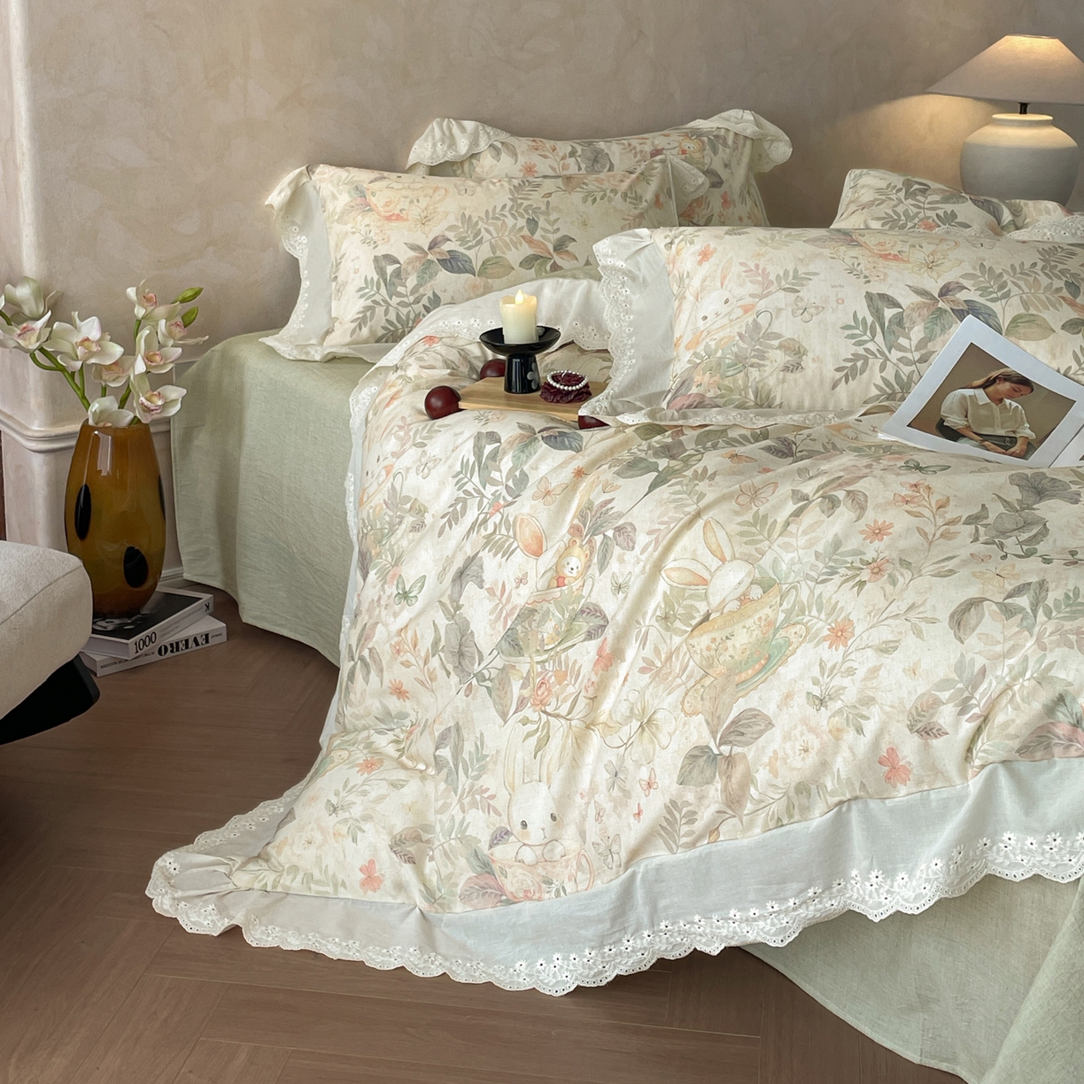 91家纺网 家纺一手货源 找家纺 （总）莱登卡奴 2026新款A类棉麻数码印花25%麻75%棉法式复古花边四件套