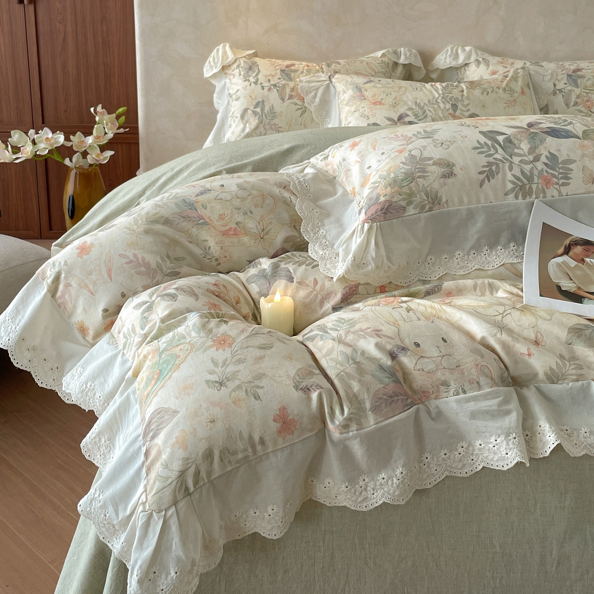 91家纺网 家纺一手货源 找家纺 （总）莱登卡奴 2026新款A类棉麻数码印花25%麻75%棉法式复古花边四件套