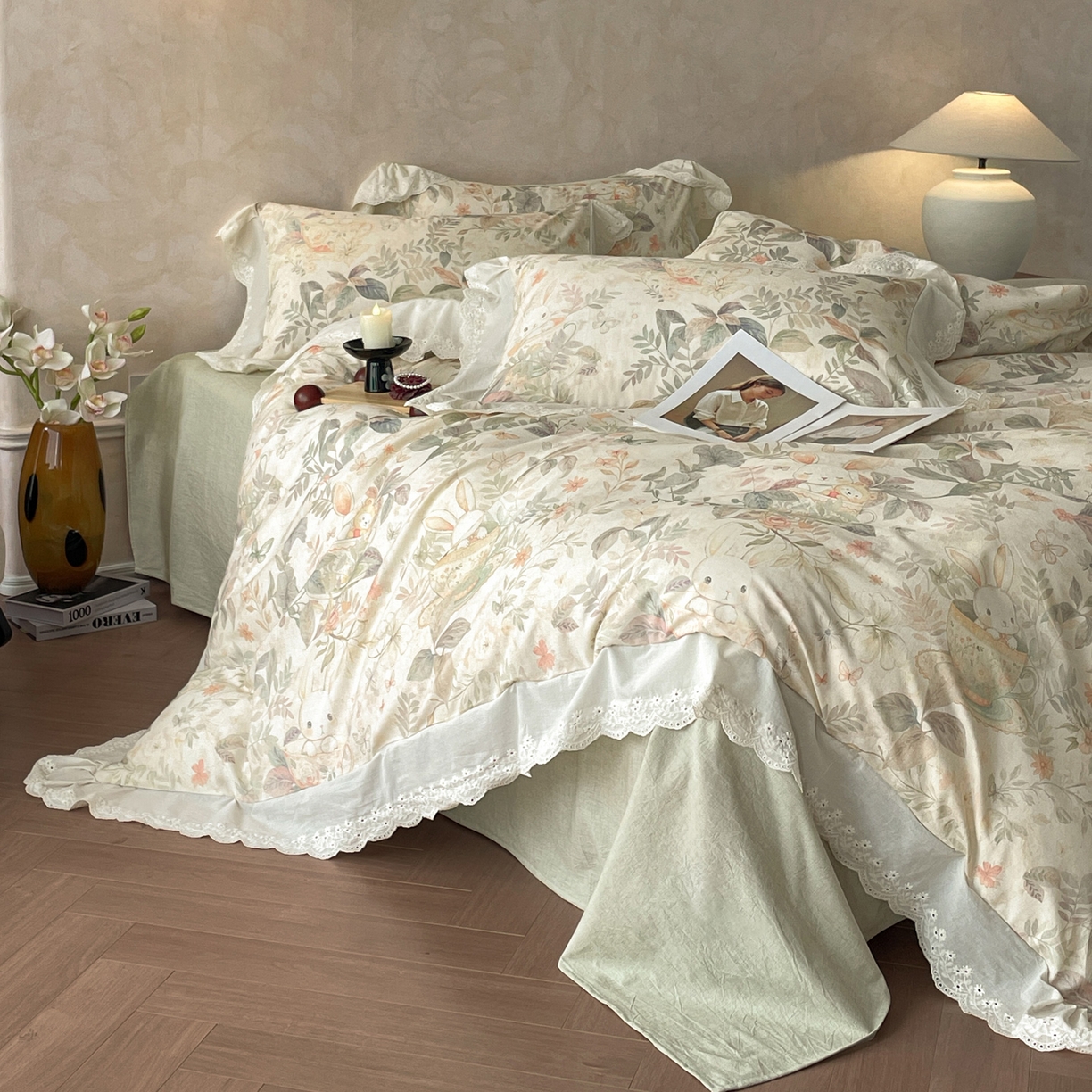 91家纺网 家纺一手货源 找家纺 （总）莱登卡奴 2026新款A类棉麻数码印花25%麻75%棉法式复古花边四件套