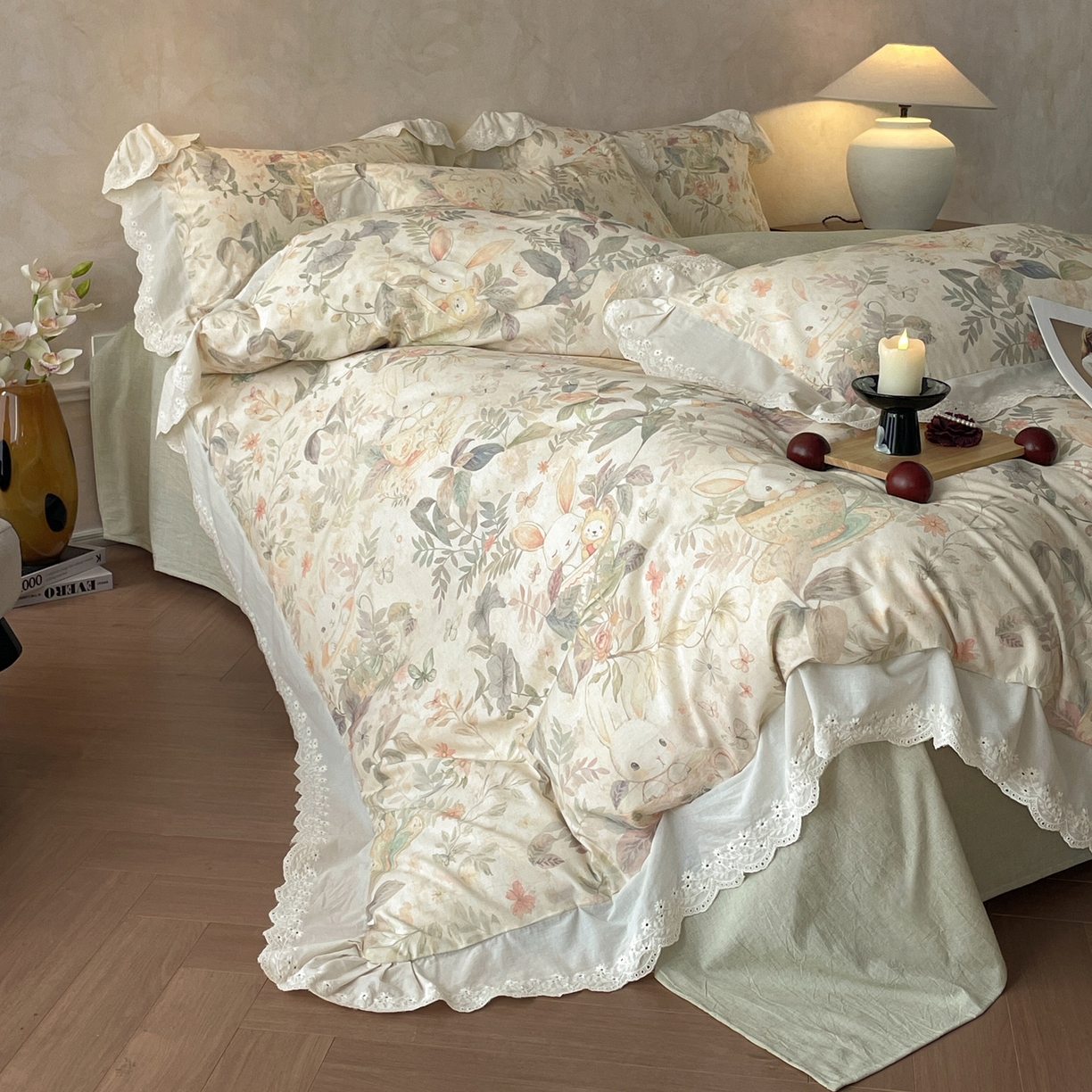 91家纺网 家纺一手货源 找家纺 （总）莱登卡奴 2026新款A类棉麻数码印花25%麻75%棉法式复古花边四件套