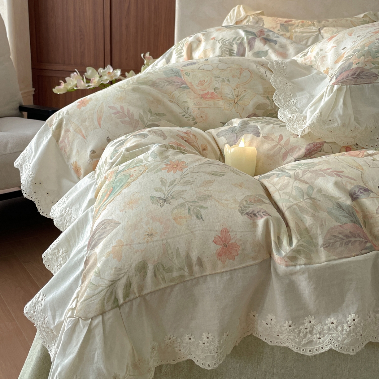 91家纺网 家纺一手货源 找家纺 （总）莱登卡奴 2026新款A类棉麻数码印花25%麻75%棉法式复古花边四件套