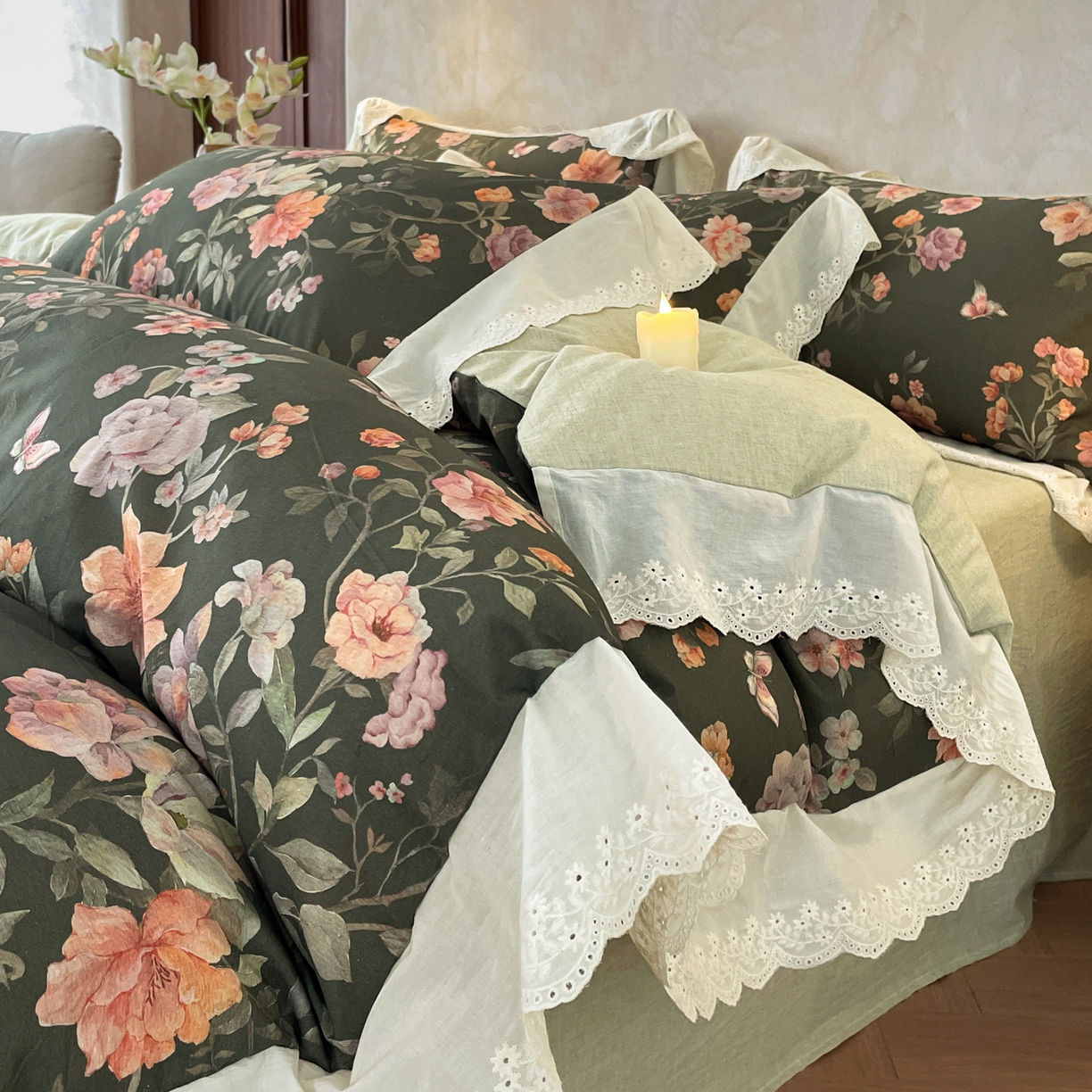 91家纺网 家纺一手货源 找家纺 （总）莱登卡奴 2026新款A类棉麻数码印花25%麻75%棉法式复古花边四件套