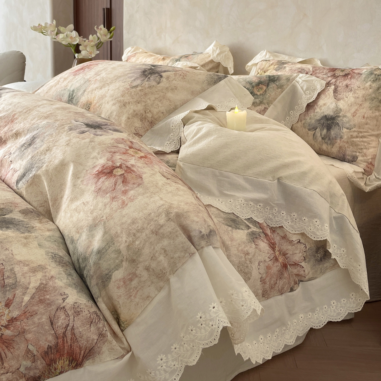 91家纺网 家纺一手货源 找家纺 （总）莱登卡奴 2026新款A类棉麻数码印花25%麻75%棉法式复古花边四件套