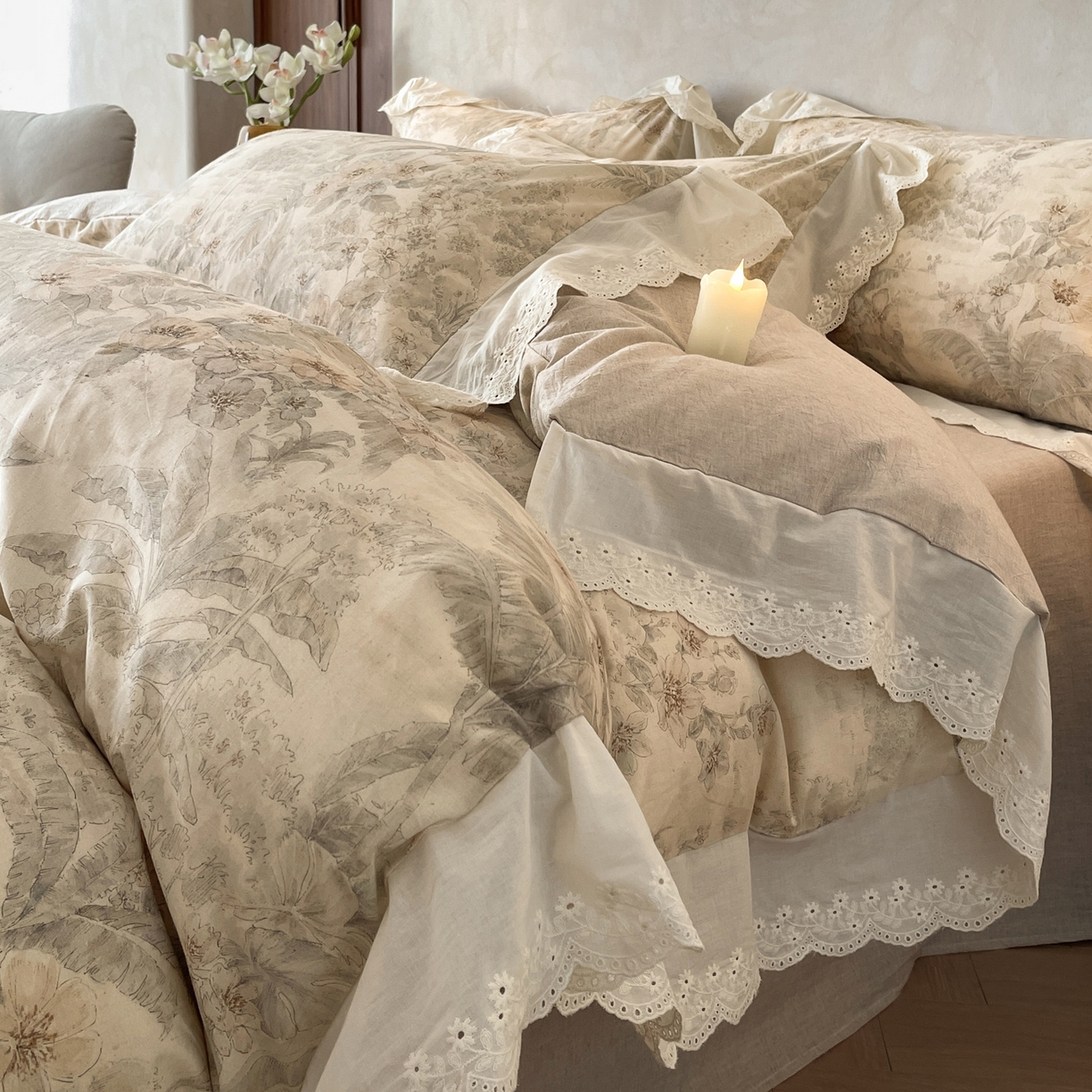 91家纺网 家纺一手货源 找家纺 （总）莱登卡奴 2026新款A类棉麻数码印花25%麻75%棉法式复古花边四件套