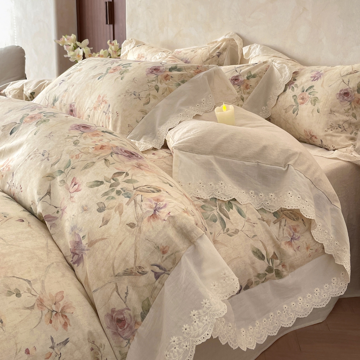 91家纺网 家纺一手货源 找家纺 （总）莱登卡奴 2026新款A类棉麻数码印花25%麻75%棉法式复古花边四件套