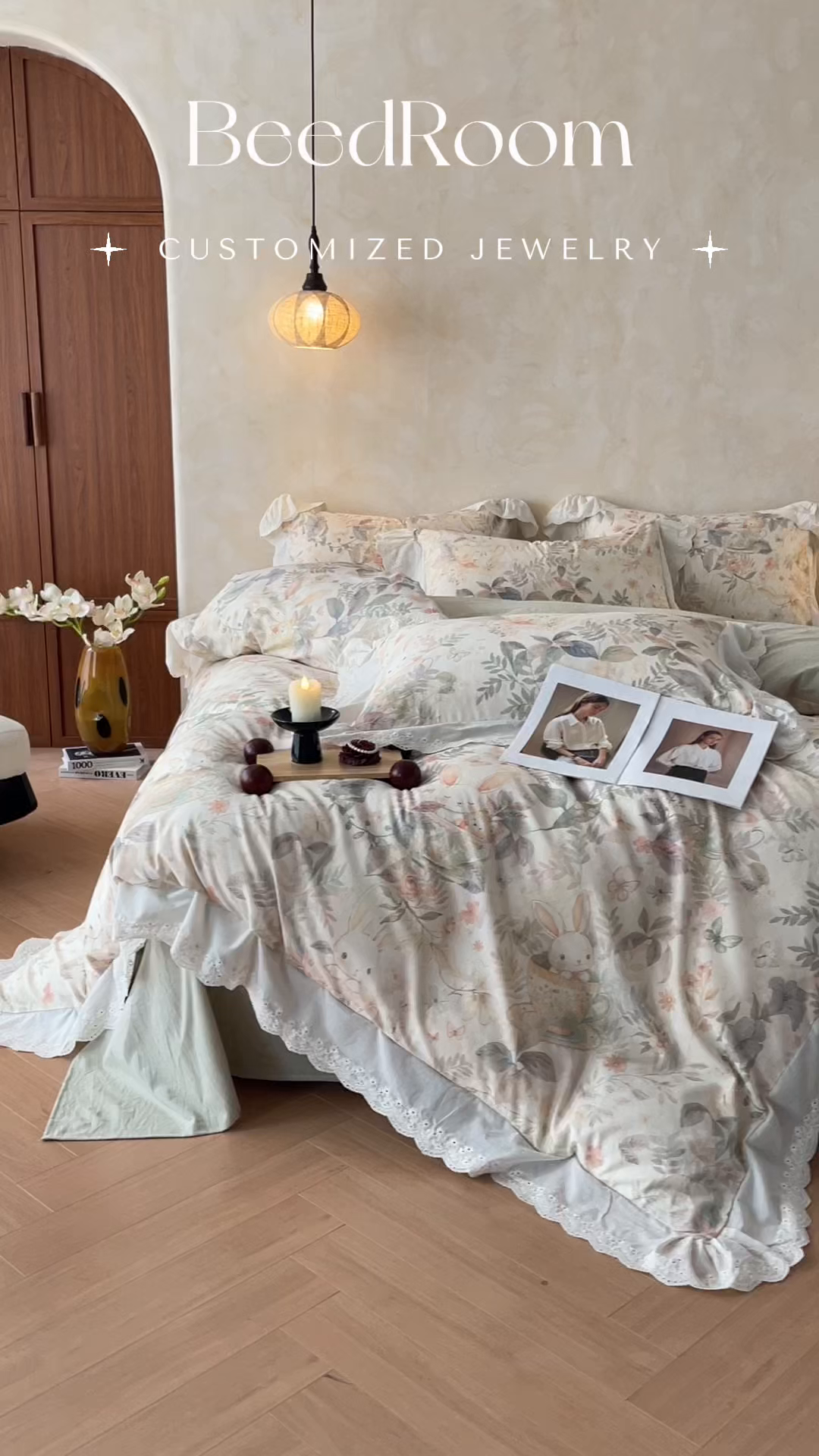 91家纺网 家纺一手货源 找家纺 莱登卡奴 2026新款A类棉麻数码印花25%麻75%棉法式复古花边四件套 茶间萌兔绿