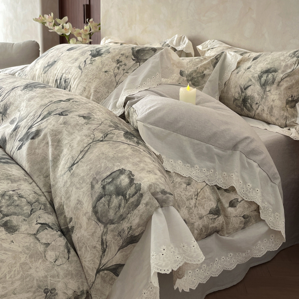 莱登卡奴 2026新款A类棉麻数码印花25%麻75%棉法式复古花边四件套 传世芳华灰