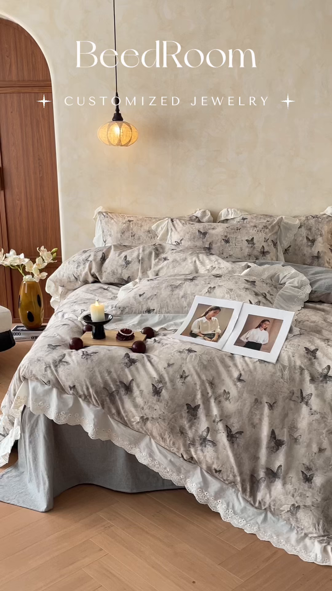 91家纺网 家纺一手货源 找家纺 莱登卡奴 2026新款A类棉麻数码印花25%麻75%棉法式复古花边四件套 蝶影黑