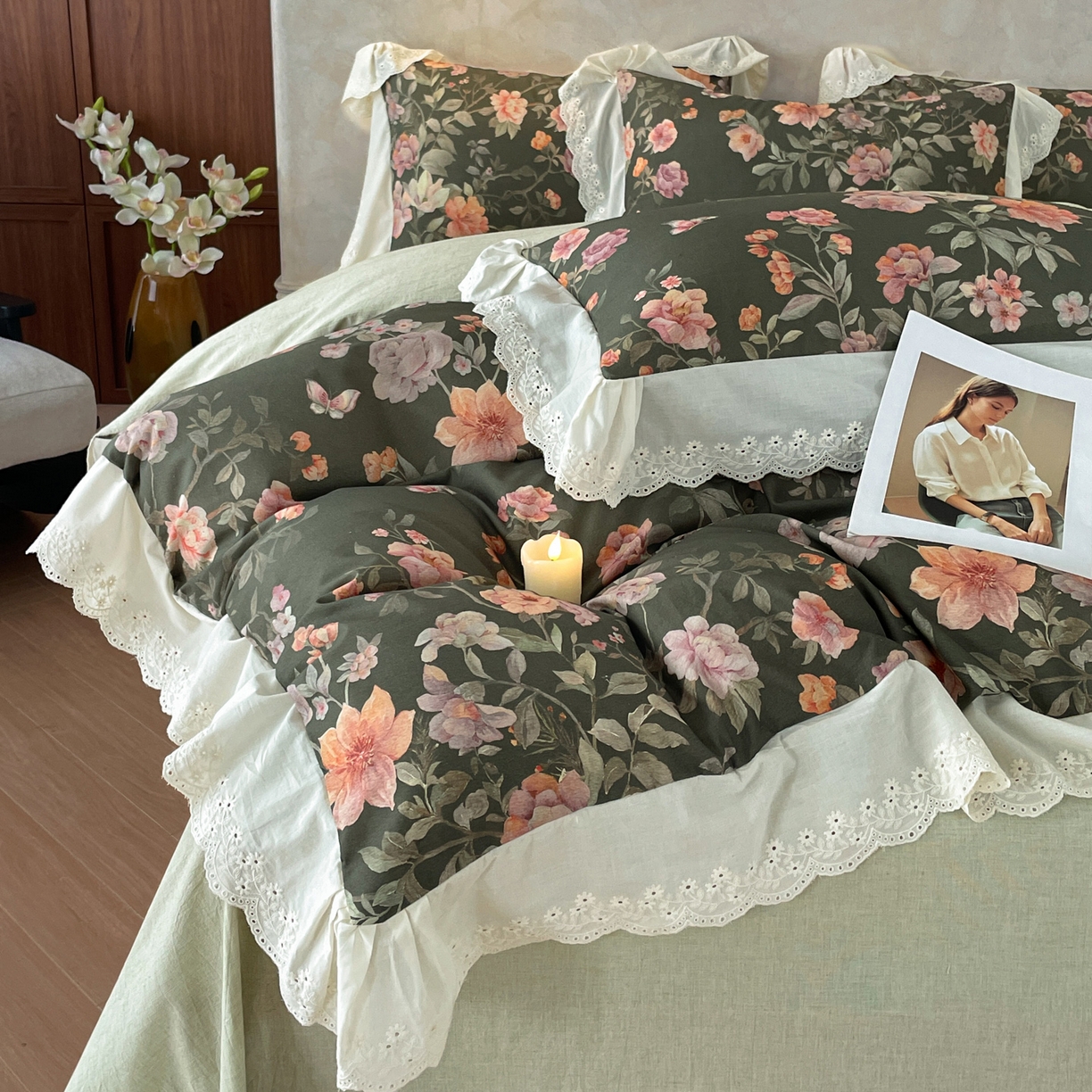 91家纺网 家纺一手货源 找家纺 莱登卡奴 2026新款A类棉麻数码印花25%麻75%棉法式复古花边四件套 风吟花叙绿