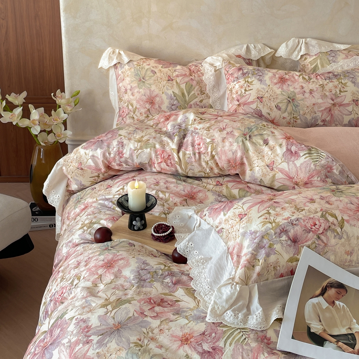 91家纺网 家纺一手货源 找家纺 莱登卡奴 2026新款A类棉麻数码印花25%麻75%棉法式复古花边四件套 幻彩雅韵粉