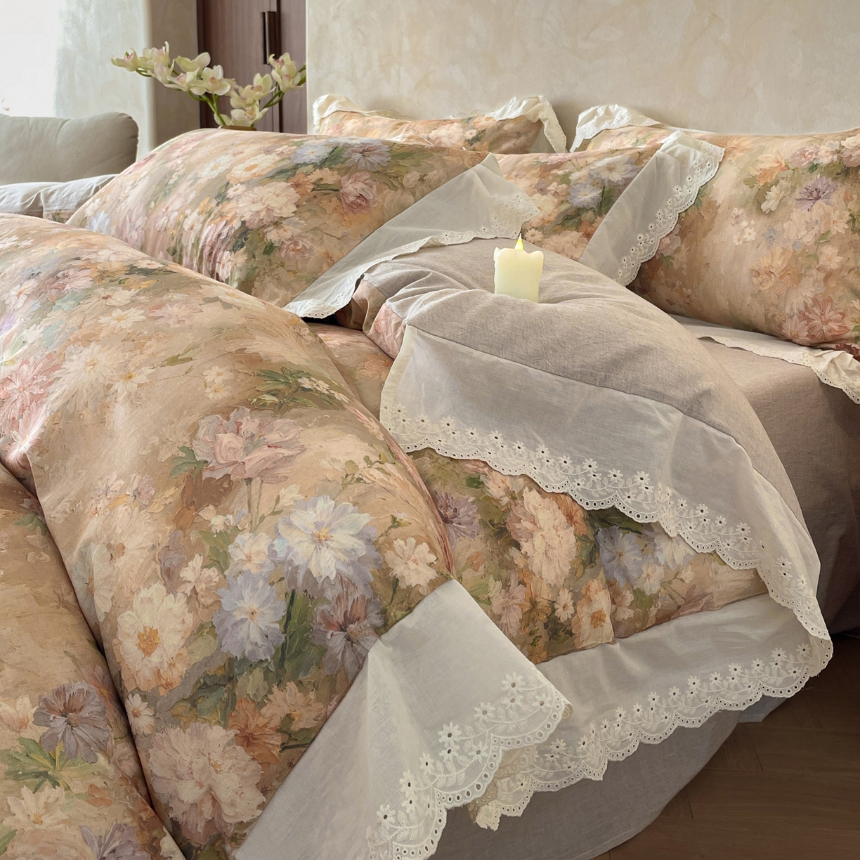 莱登卡奴 2026新款A类棉麻数码印花25%麻75%棉法式复古花边四件套 雅绯韵咖