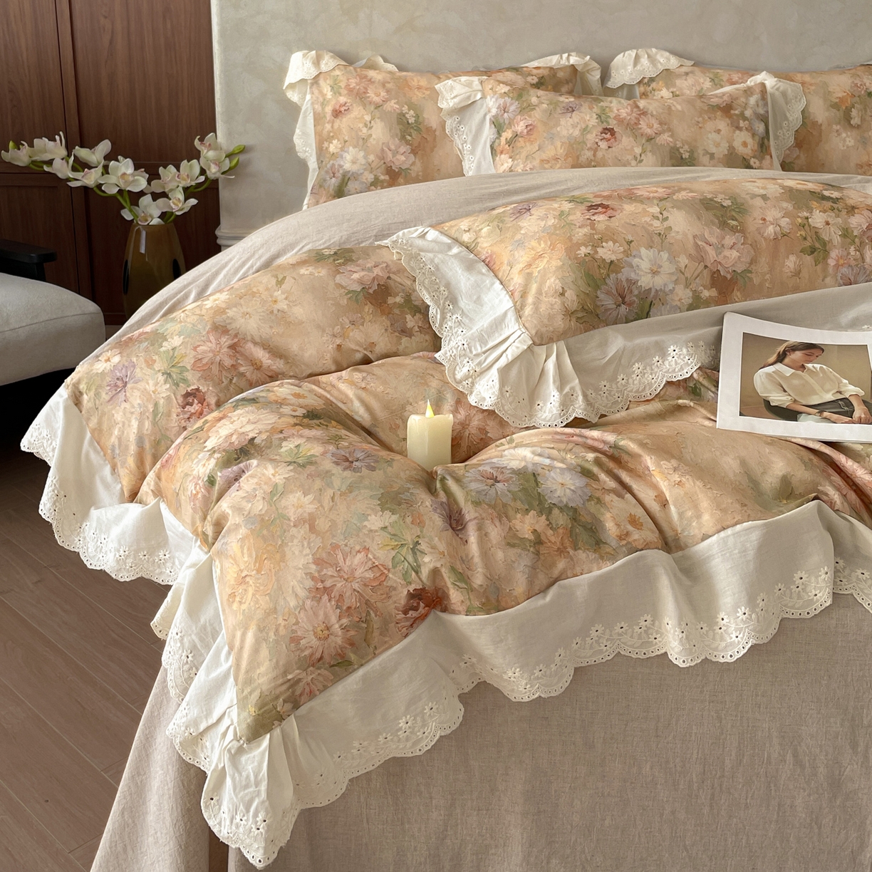 91家纺网 家纺一手货源 找家纺 莱登卡奴 2026新款A类棉麻数码印花25%麻75%棉法式复古花边四件套 雅绯韵咖