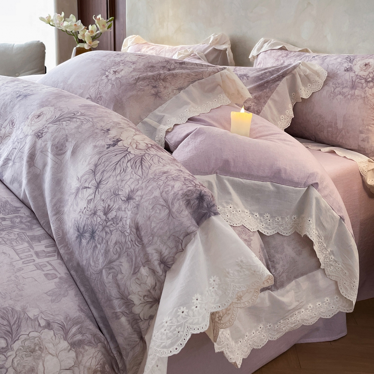 莱登卡奴 2026新款A类棉麻数码印花25%麻75%棉法式复古花边四件套 云缦紫