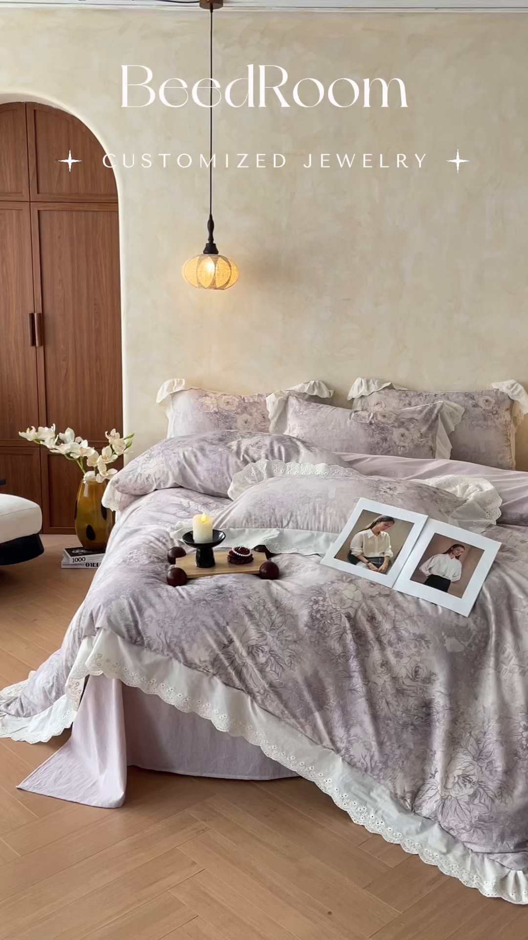 91家纺网 家纺一手货源 找家纺 莱登卡奴 2026新款A类棉麻数码印花25%麻75%棉法式复古花边四件套 云缦紫