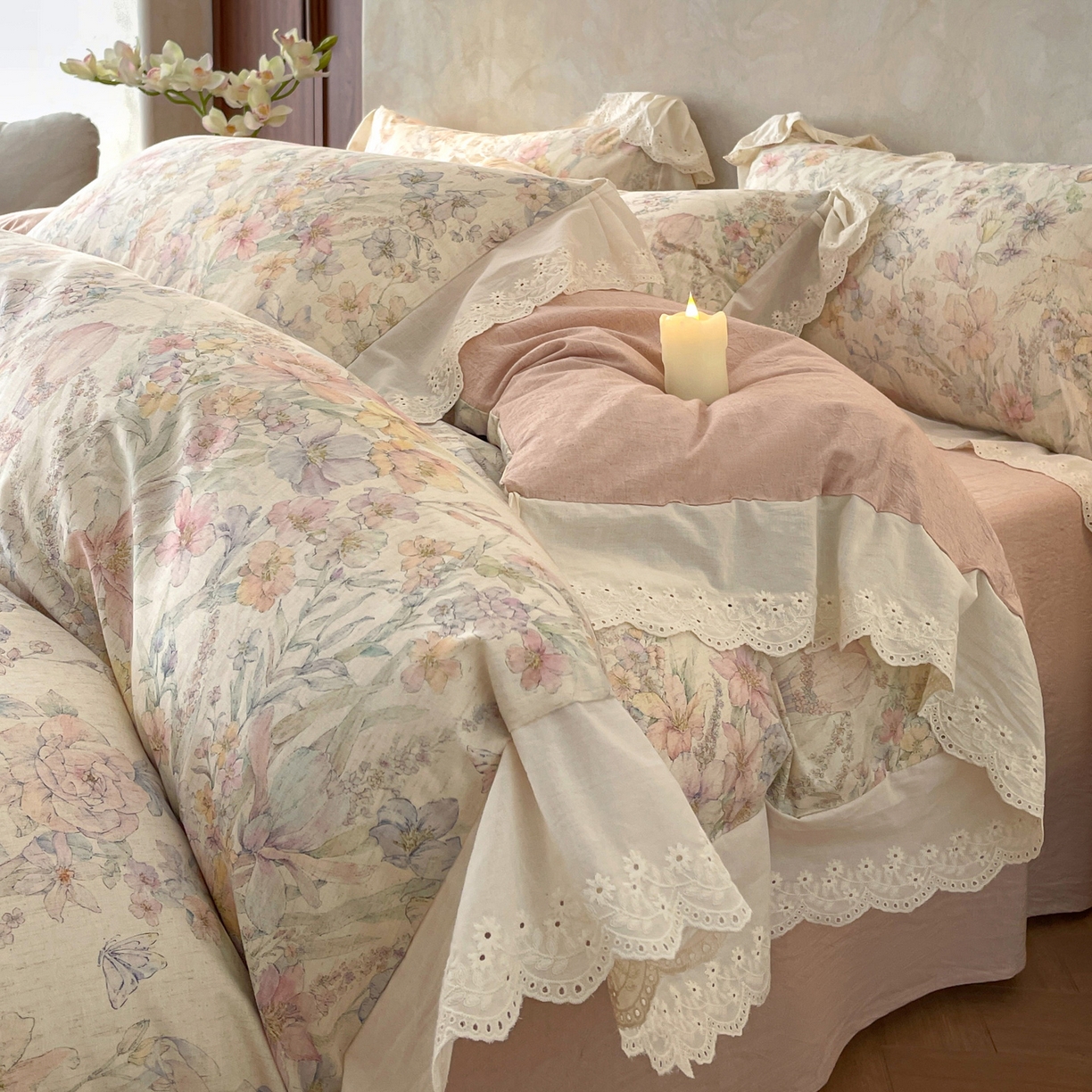 莱登卡奴 2026新款A类棉麻数码印花25%麻75%棉法式复古花边四件套 紫鸢粉