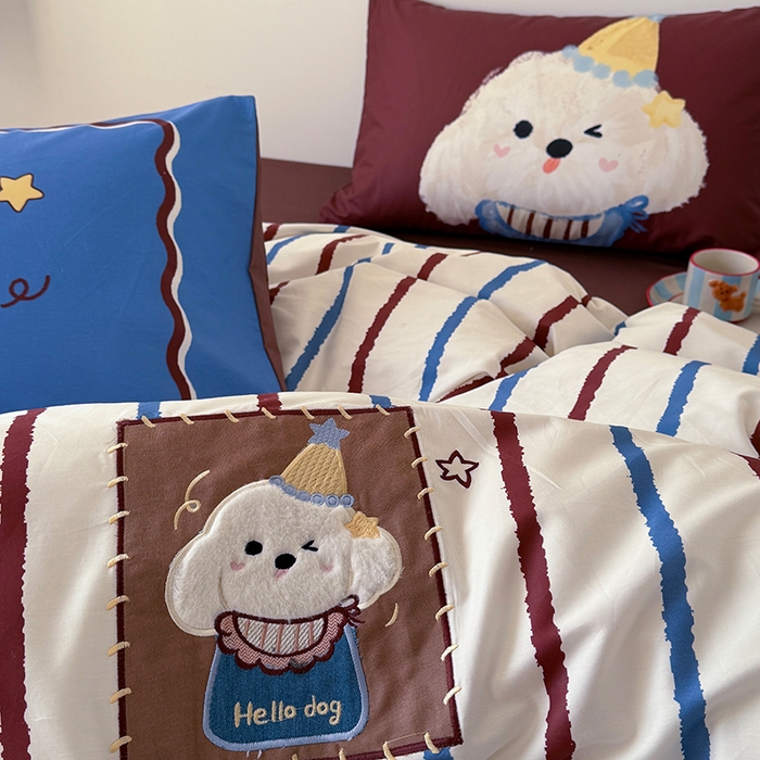 91家纺网 家纺一手货源 找家纺 HL原创 2026春夏新款全棉纯棉13372活性数码贴布绣四件套 英伦狗