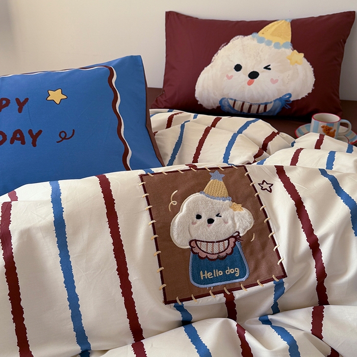 91家纺网 家纺一手货源 找家纺 HL原创 2026春夏新款全棉纯棉13372活性数码贴布绣四件套 英伦狗