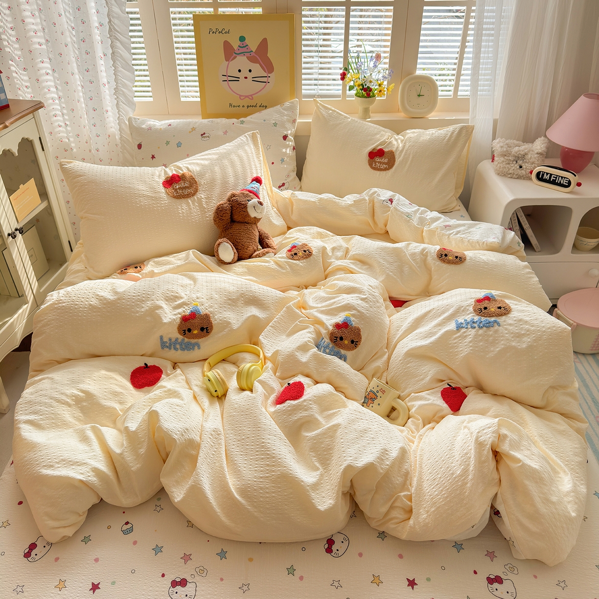 优承佳生活馆 2026新款高克重超柔泡芙双层纱面料卡通毛巾绣三件套四件套单被套系列 哈喽kt