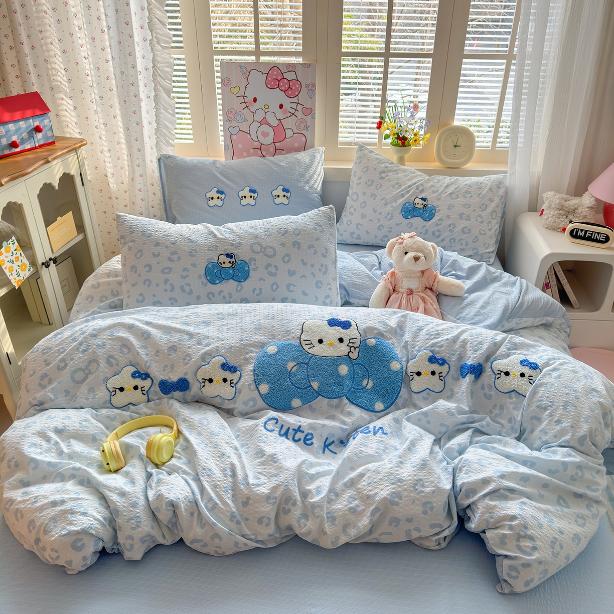 优承佳生活馆 2026新款高克重超柔泡芙双层纱面料卡通毛巾绣三件套四件套单被套系列 蝴蝶结蓝kt