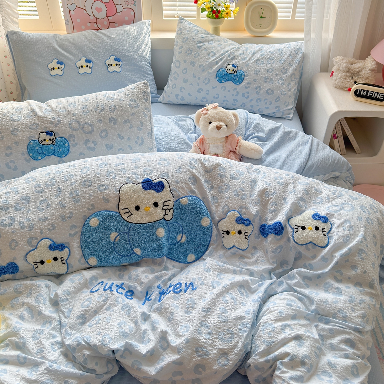 91家纺网 家纺一手货源 找家纺 优承佳生活馆 2026新款高克重超柔泡芙双层纱面料卡通毛巾绣三件套四件套单被套系列 蝴蝶结蓝kt