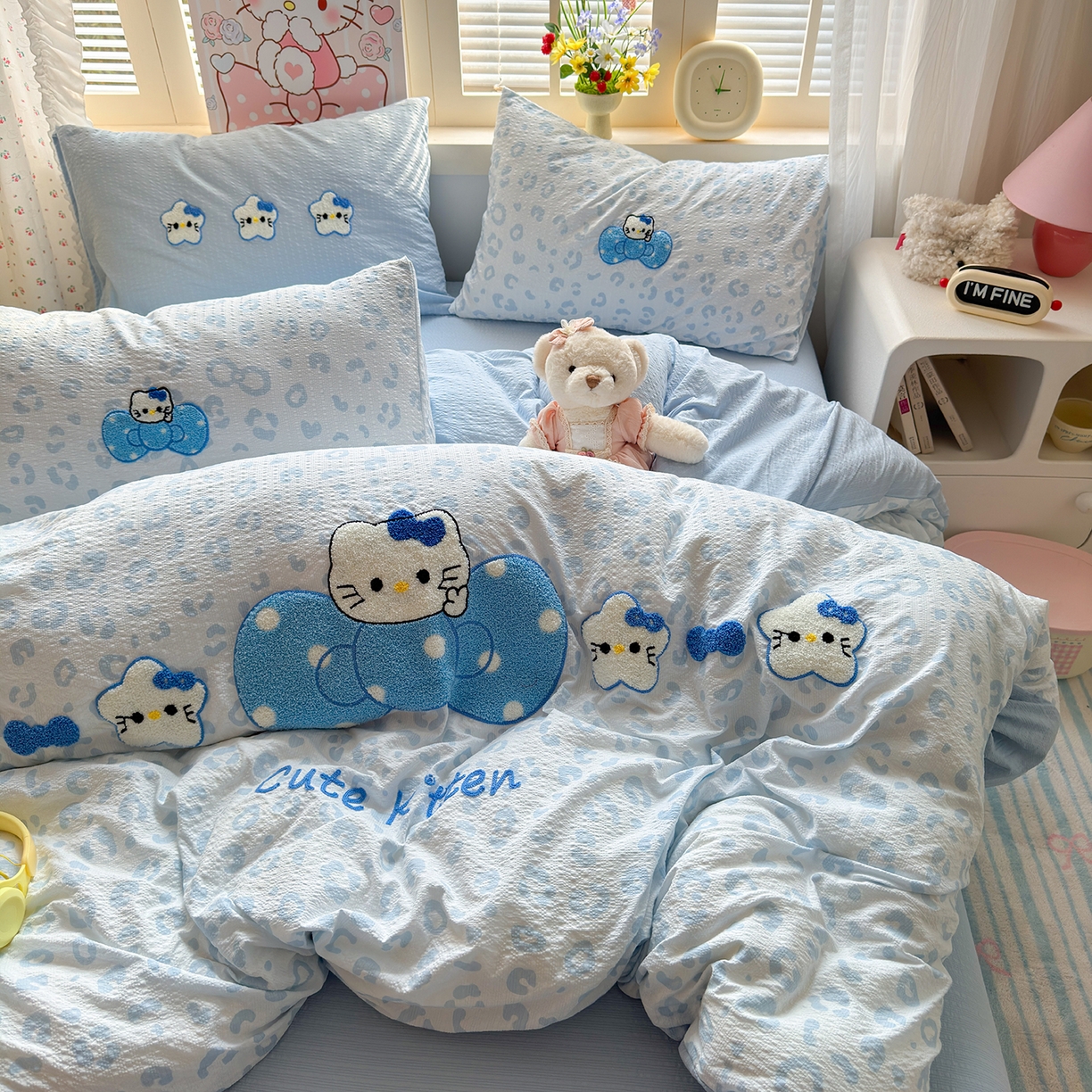 91家纺网 家纺一手货源 找家纺 优承佳生活馆 2026新款高克重超柔泡芙双层纱面料卡通毛巾绣三件套四件套单被套系列 蝴蝶结蓝kt