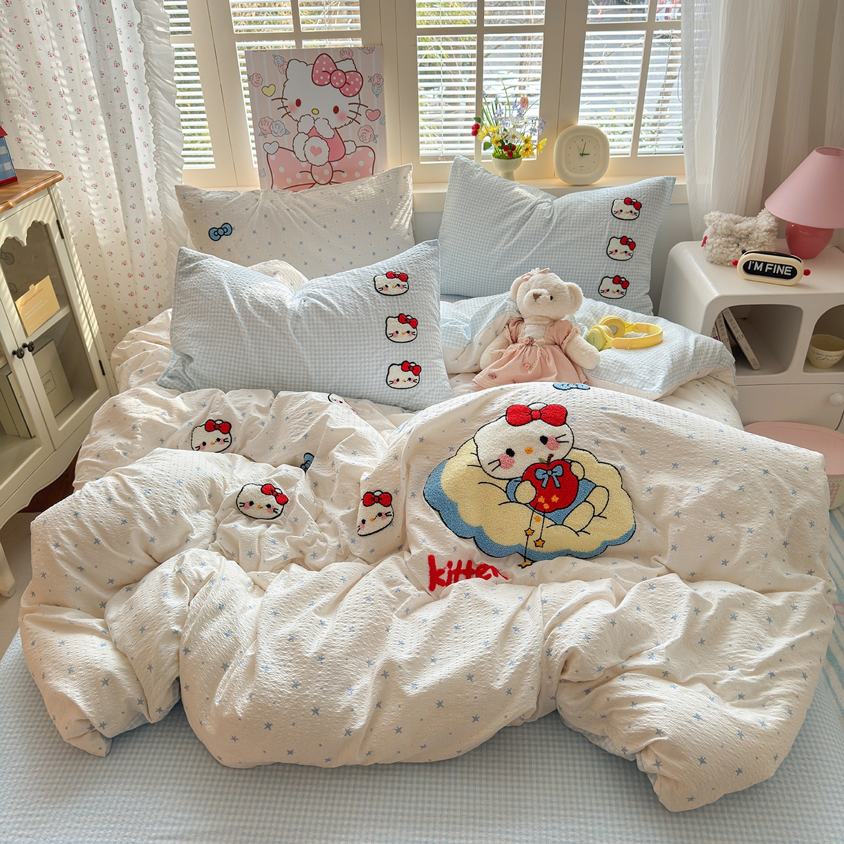 优承佳生活馆 2026新款高克重超柔泡芙双层纱面料卡通毛巾绣三件套四件套单被套系列 萌趣kt