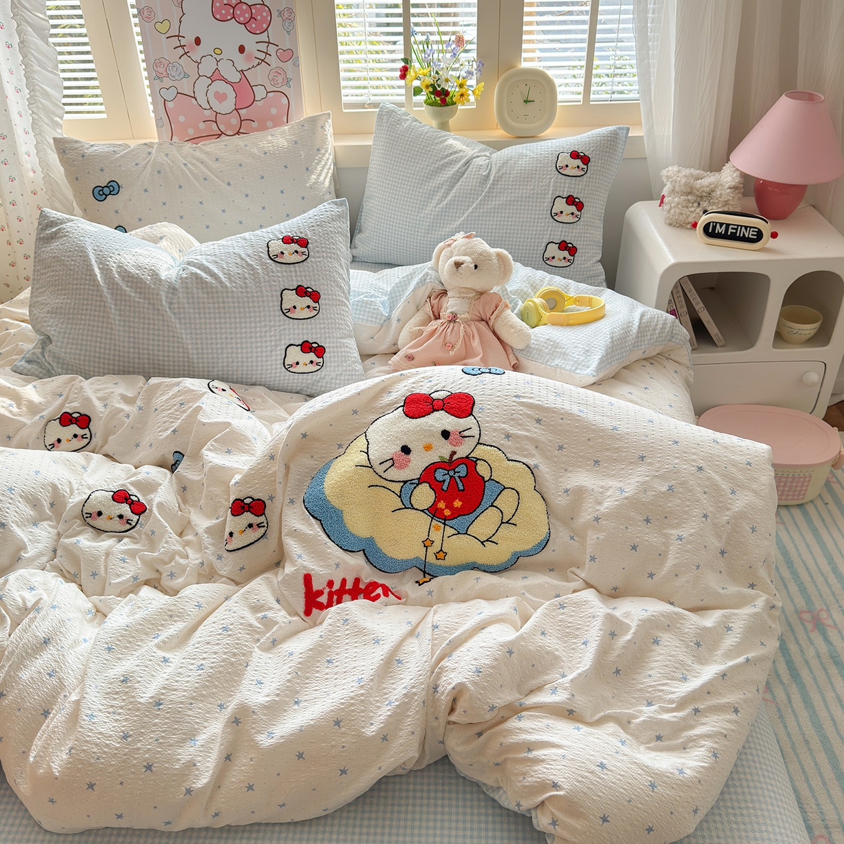 91家纺网 家纺一手货源 找家纺 优承佳生活馆 2026新款高克重超柔泡芙双层纱面料卡通毛巾绣三件套四件套单被套系列 萌趣kt