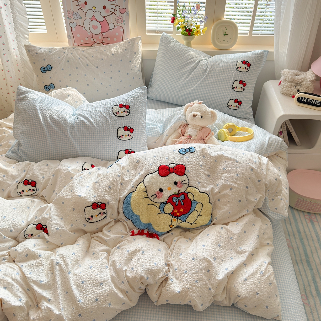 91家纺网 家纺一手货源 找家纺 优承佳生活馆 2026新款高克重超柔泡芙双层纱面料卡通毛巾绣三件套四件套单被套系列 萌趣kt