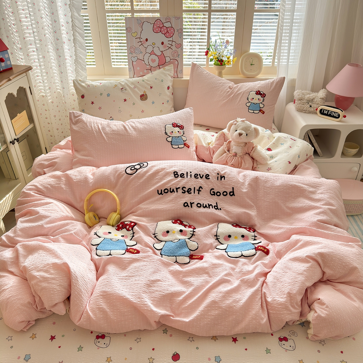 优承佳生活馆 2026新款高克重超柔泡芙双层纱面料卡通毛巾绣三件套四件套单被套系列 元气kt