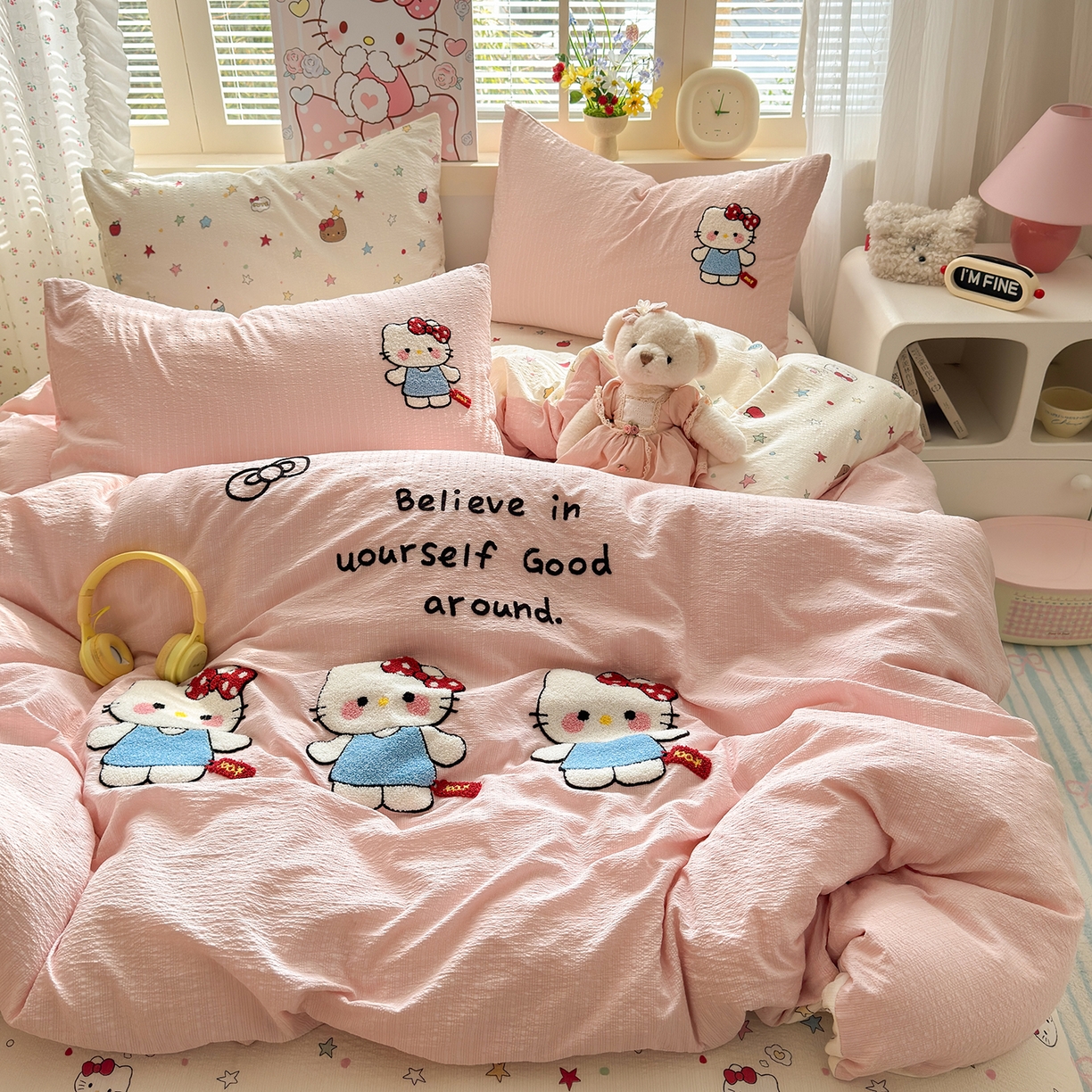 91家纺网 家纺一手货源 找家纺 优承佳生活馆 2026新款高克重超柔泡芙双层纱面料卡通毛巾绣三件套四件套单被套系列 元气kt