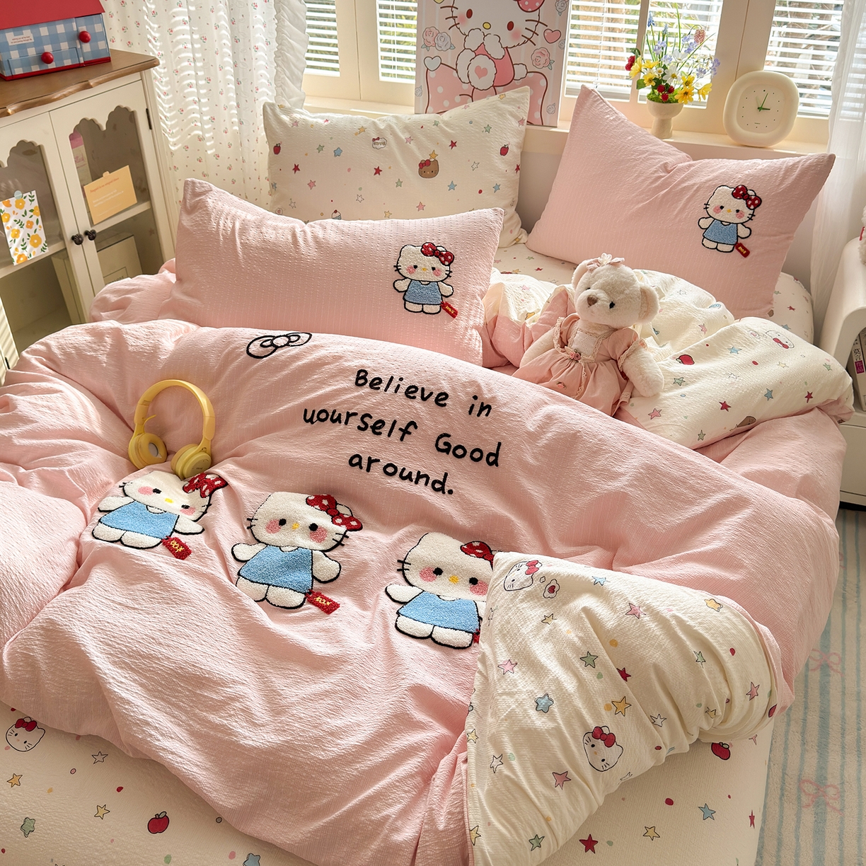 91家纺网 家纺一手货源 找家纺 优承佳生活馆 2026新款高克重超柔泡芙双层纱面料卡通毛巾绣三件套四件套单被套系列 元气kt