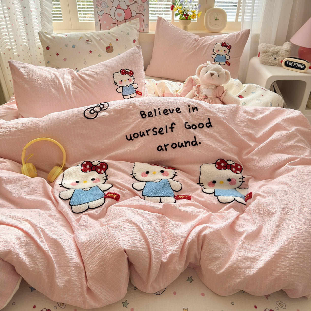 91家纺网 家纺一手货源 找家纺 优承佳生活馆 2026新款高克重超柔泡芙双层纱面料卡通毛巾绣三件套四件套单被套系列 元气kt