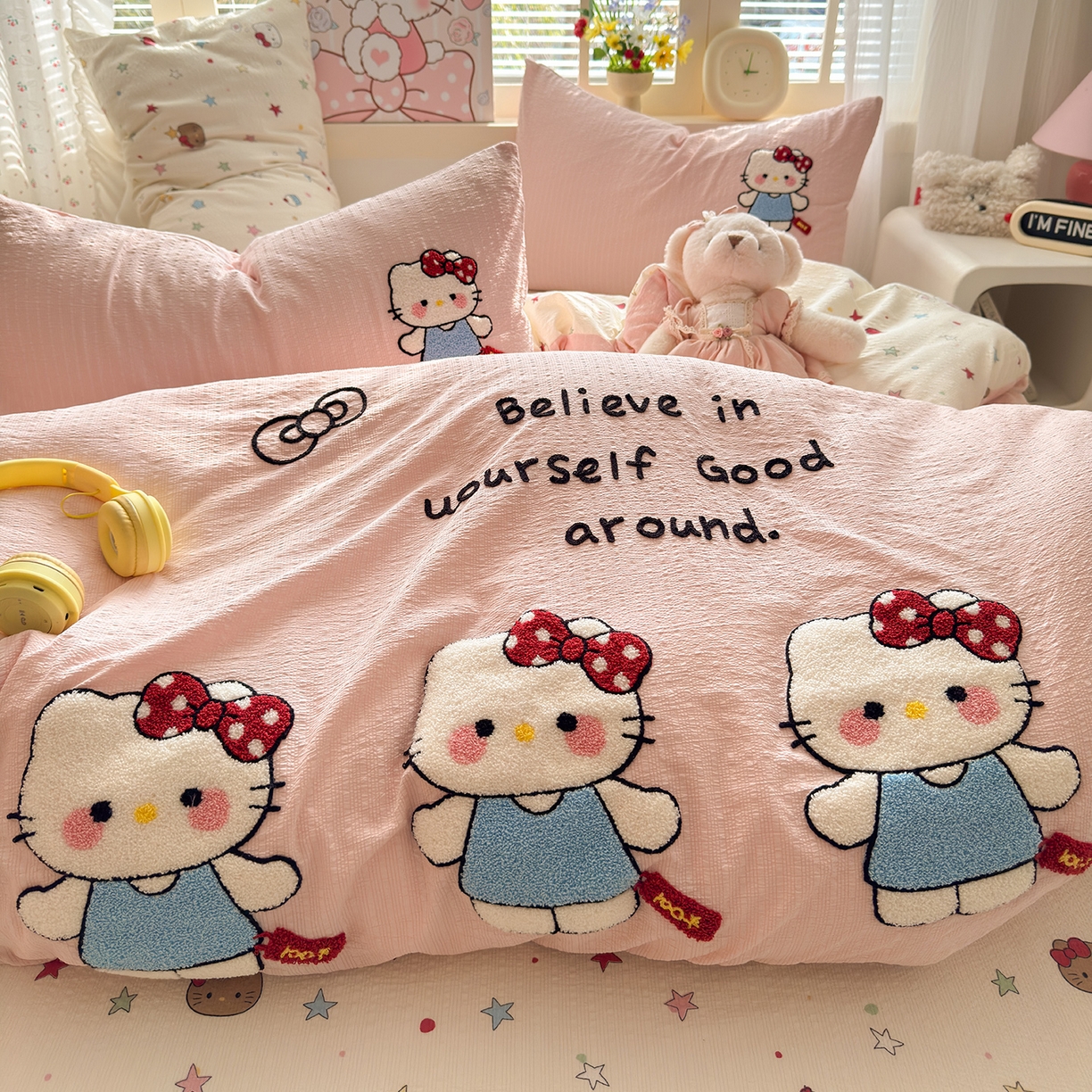 91家纺网 家纺一手货源 找家纺 优承佳生活馆 2026新款高克重超柔泡芙双层纱面料卡通毛巾绣三件套四件套单被套系列 元气kt