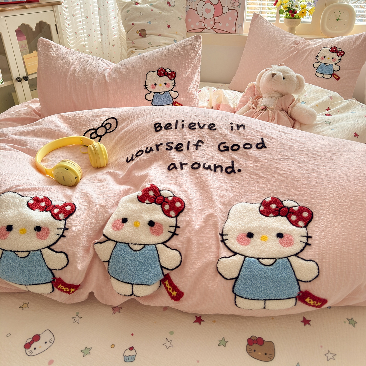 91家纺网 家纺一手货源 找家纺 优承佳生活馆 2026新款高克重超柔泡芙双层纱面料卡通毛巾绣三件套四件套单被套系列 元气kt