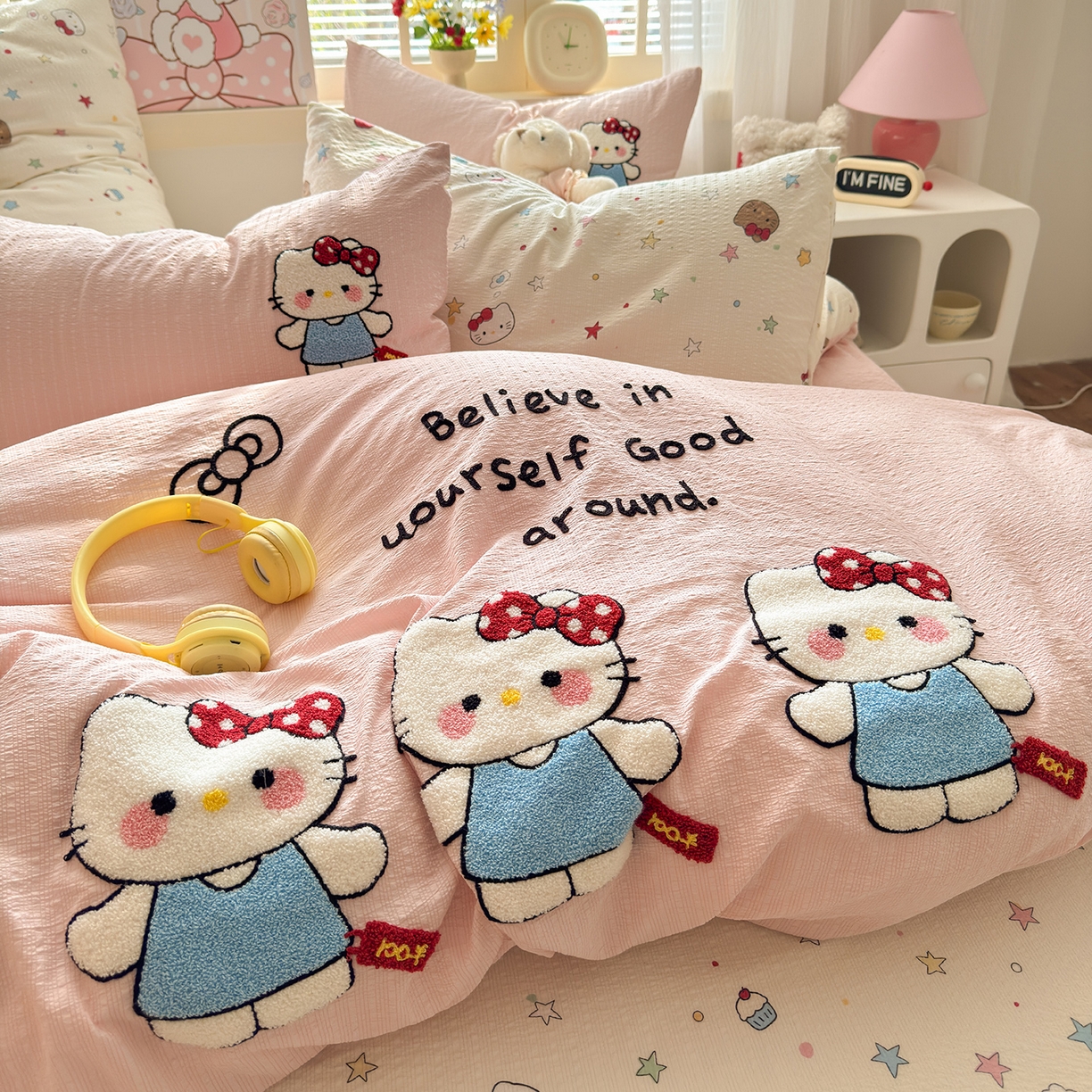 91家纺网 家纺一手货源 找家纺 优承佳生活馆 2026新款高克重超柔泡芙双层纱面料卡通毛巾绣三件套四件套单被套系列 元气kt