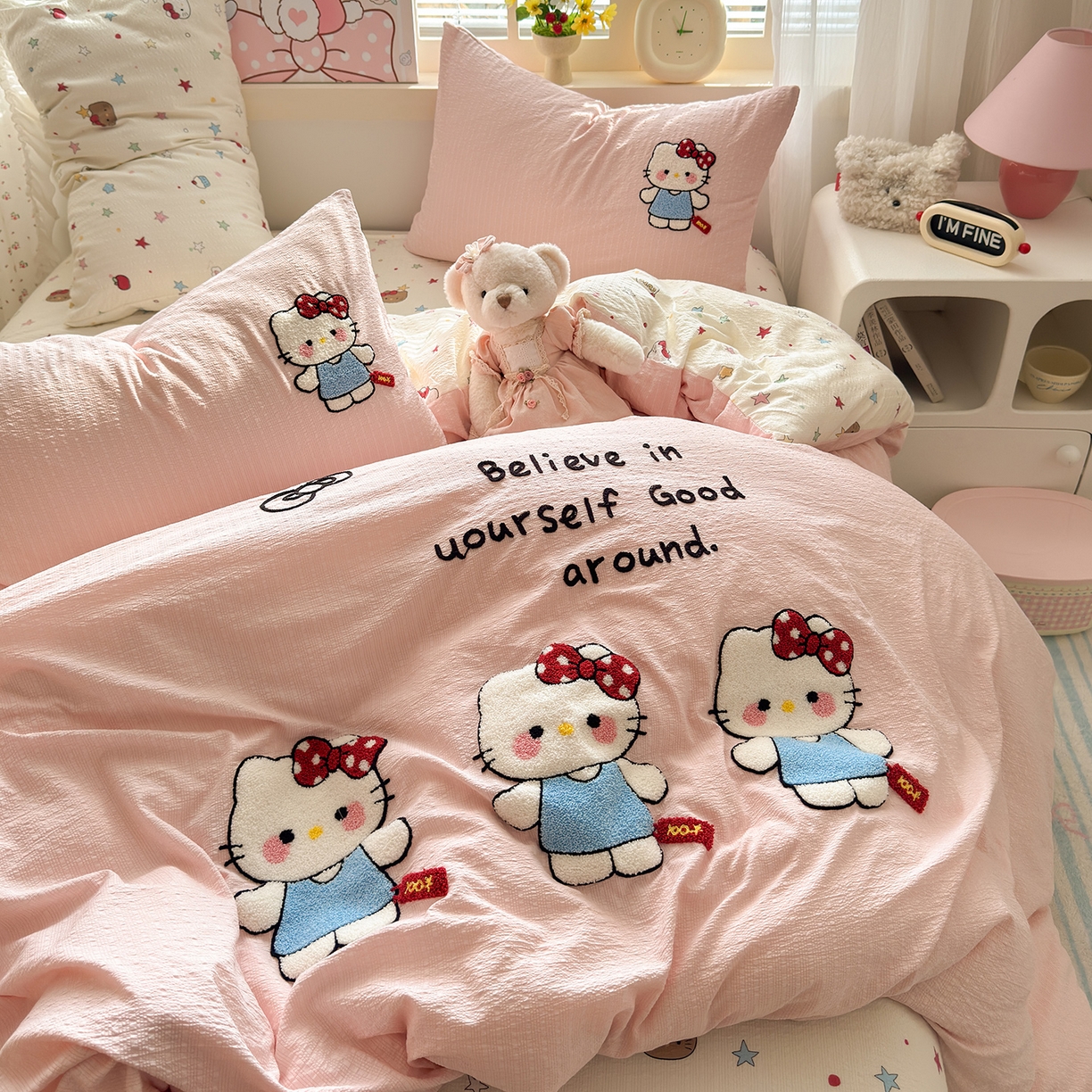 91家纺网 家纺一手货源 找家纺 优承佳生活馆 2026新款高克重超柔泡芙双层纱面料卡通毛巾绣三件套四件套单被套系列 元气kt