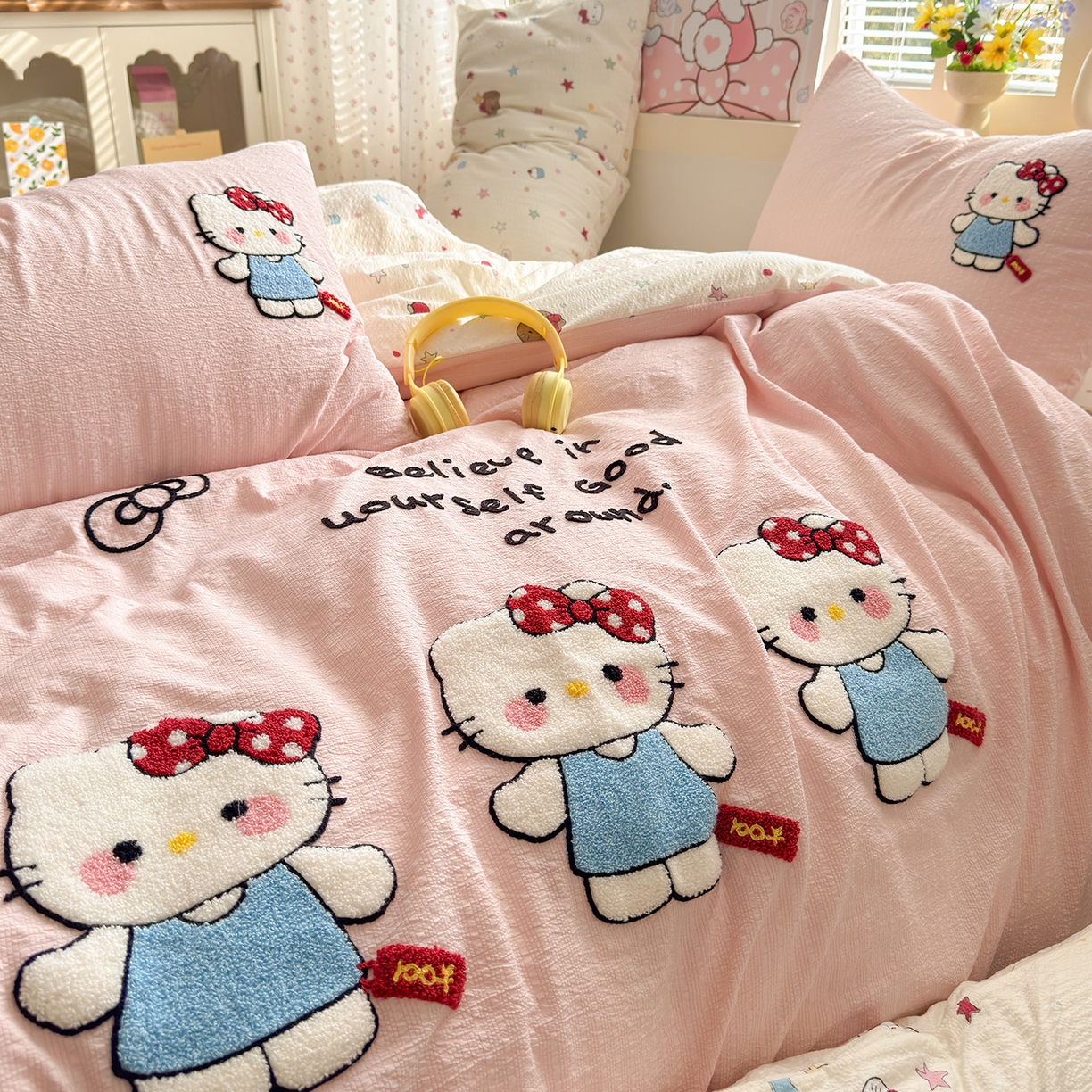 91家纺网 家纺一手货源 找家纺 优承佳生活馆 2026新款高克重超柔泡芙双层纱面料卡通毛巾绣三件套四件套单被套系列 元气kt