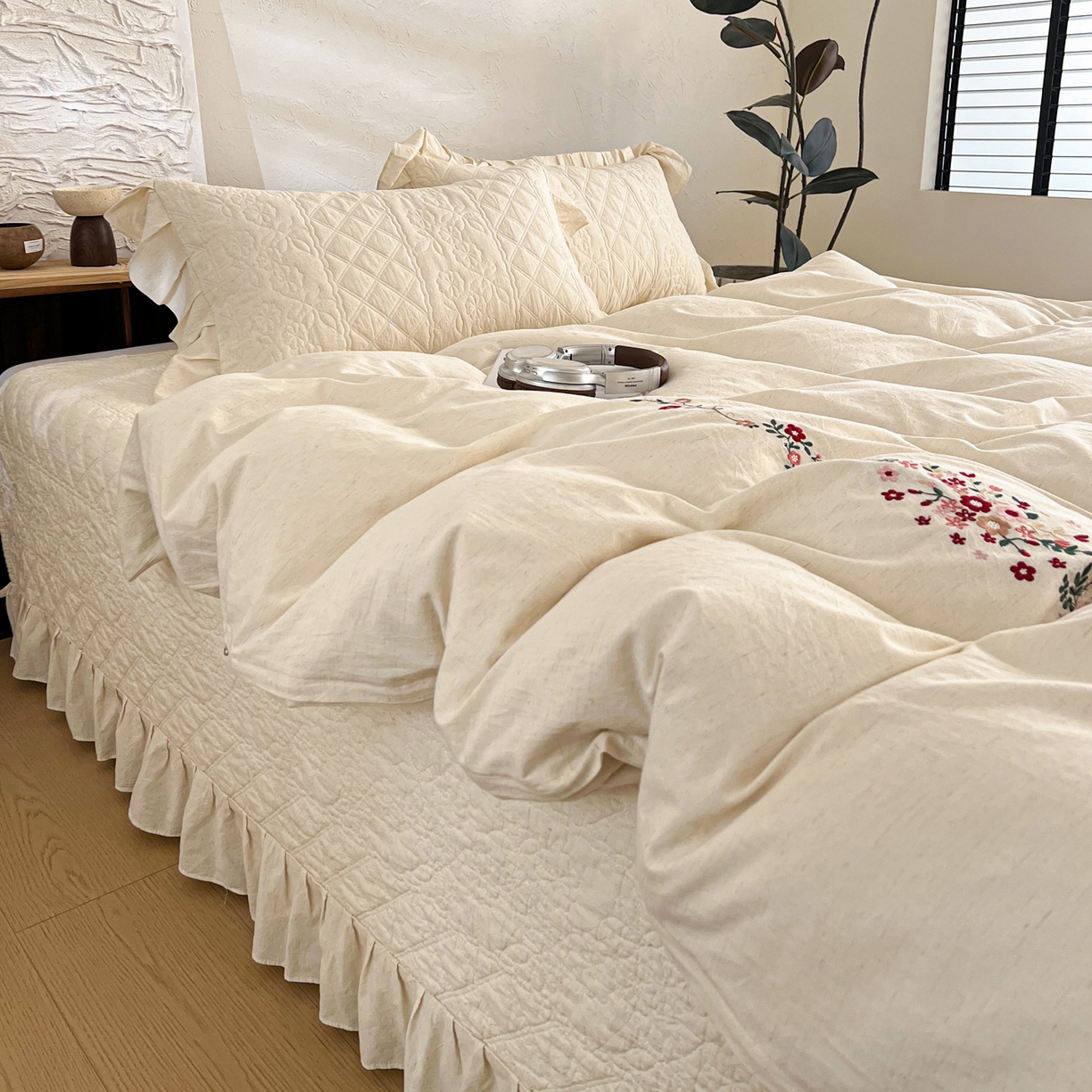 橙子家居 2026新款全棉棉麻绣花被套棉花床盖四件套 棉麻-本色