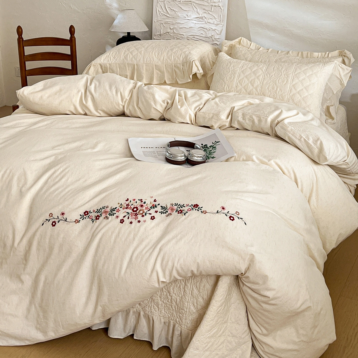 91家纺网 家纺一手货源 找家纺 橙子家居 2026新款全棉棉麻绣花被套棉花床盖四件套 棉麻-本色