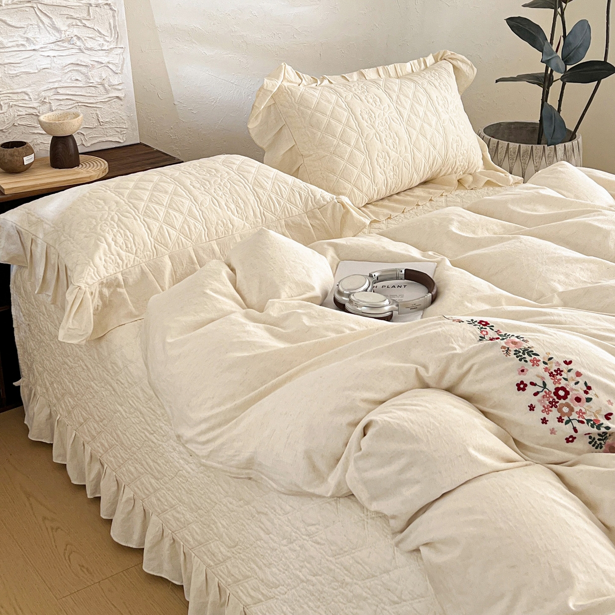 91家纺网 家纺一手货源 找家纺 橙子家居 2026新款全棉棉麻绣花被套棉花床盖四件套 棉麻-本色