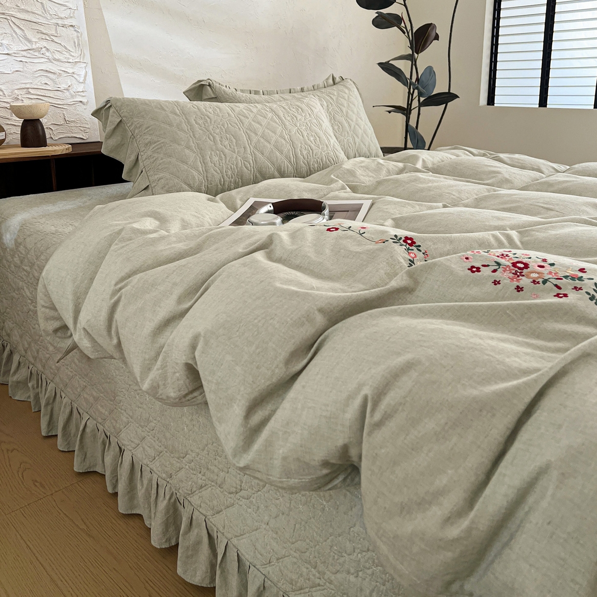 橙子家居 2026新款全棉棉麻绣花被套棉花床盖四件套 棉麻-绿色