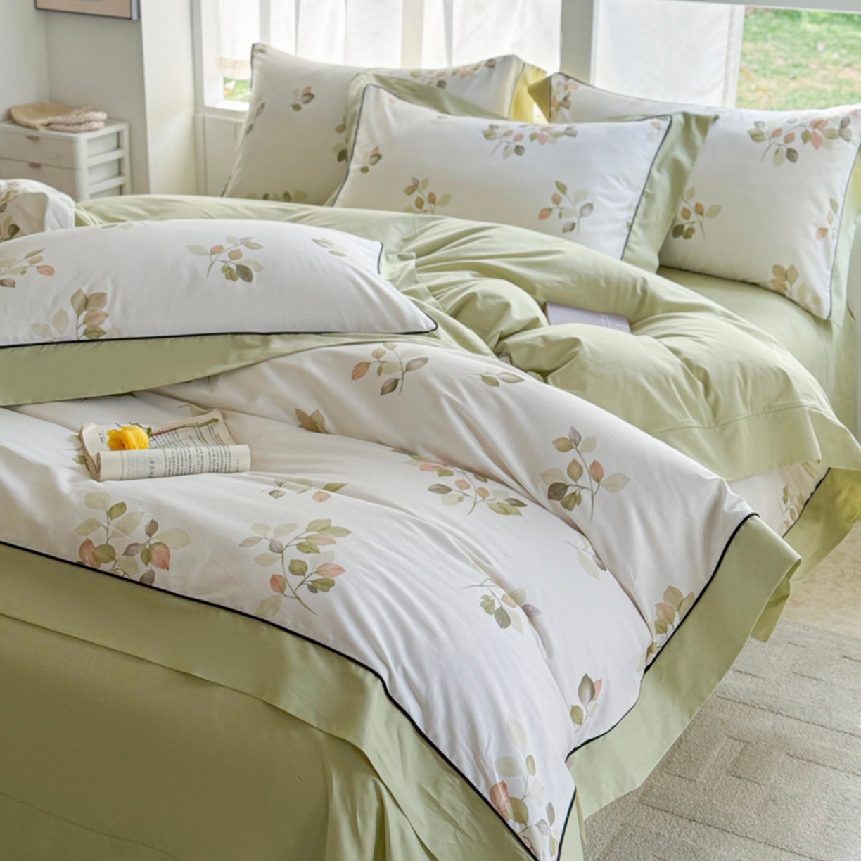 91家纺网 家纺一手货源 找家纺 （总）7V 2026新款嵌绳宽边纯棉四件套13376全棉小清新喷气宽幅长绒棉被套床单床笠套件