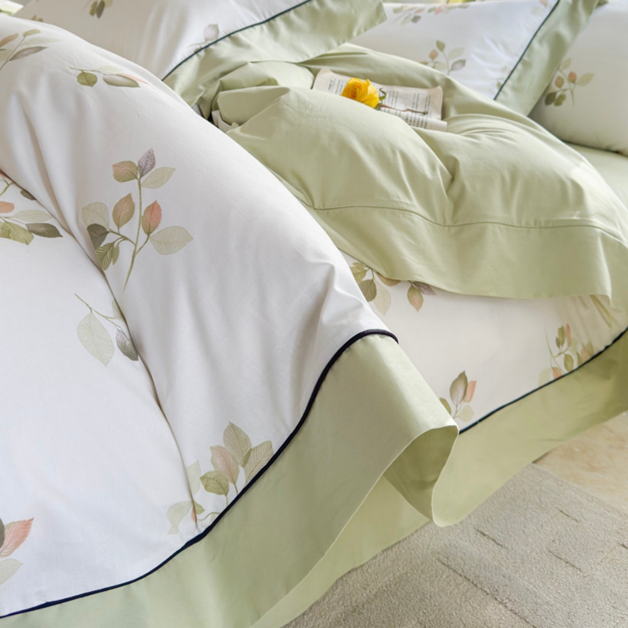 91家纺网 家纺一手货源 找家纺 （总）7V 2026新款嵌绳宽边纯棉四件套13376全棉小清新喷气宽幅长绒棉被套床单床笠套件