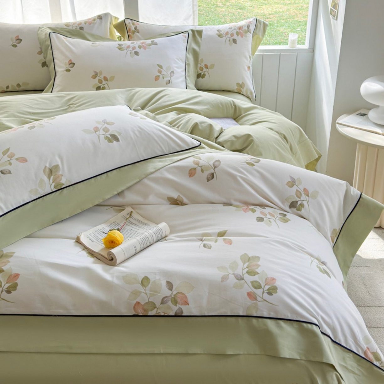 91家纺网 家纺一手货源 找家纺 （总）7V 2026新款嵌绳宽边纯棉四件套13376全棉小清新喷气宽幅长绒棉被套床单床笠套件