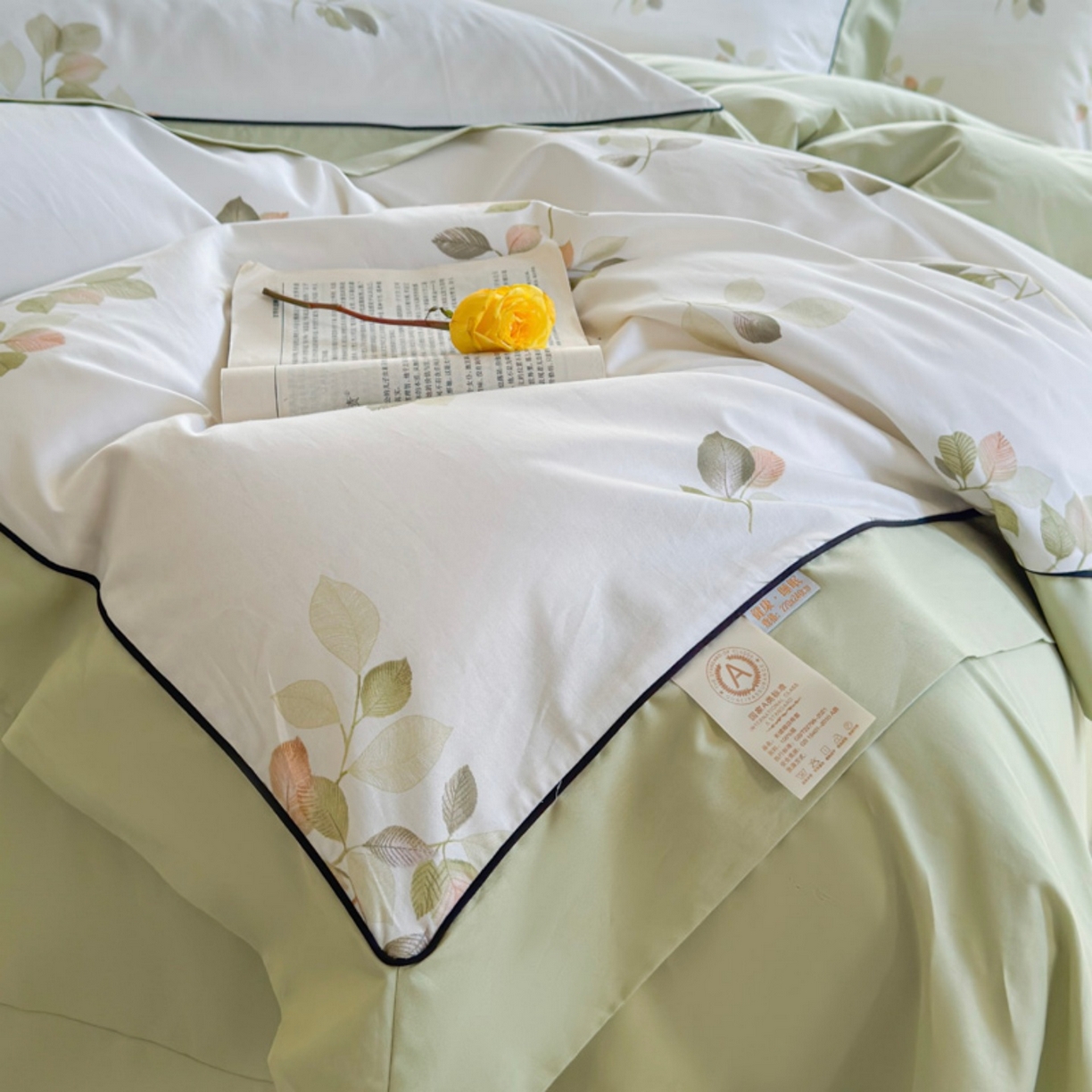 91家纺网 家纺一手货源 找家纺 （总）7V 2026新款嵌绳宽边纯棉四件套13376全棉小清新喷气宽幅长绒棉被套床单床笠套件