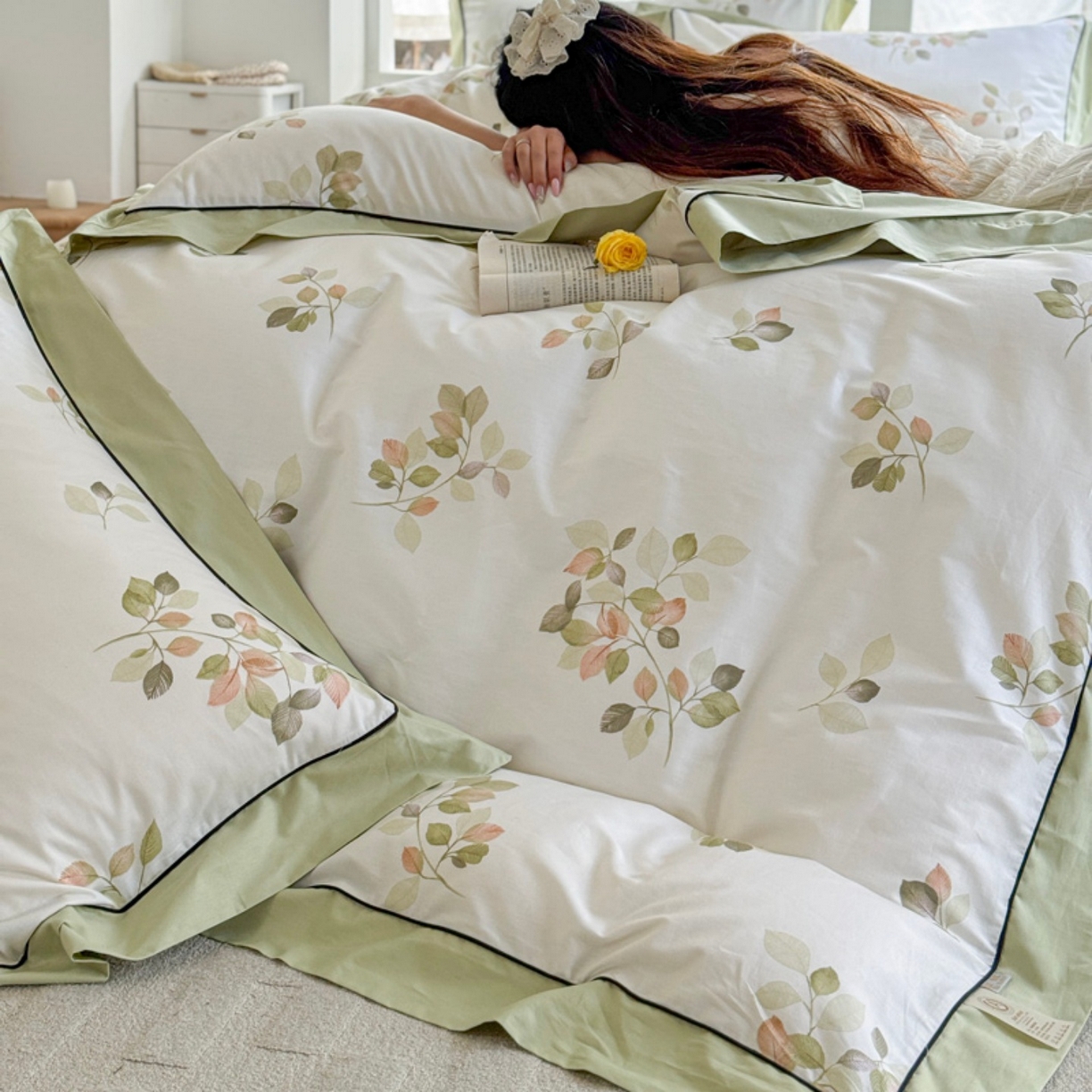 91家纺网 家纺一手货源 找家纺 （总）7V 2026新款嵌绳宽边纯棉四件套13376全棉小清新喷气宽幅长绒棉被套床单床笠套件