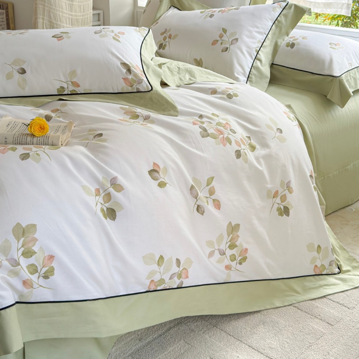 91家纺网 家纺一手货源 找家纺 （总）7V 2026新款嵌绳宽边纯棉四件套13376全棉小清新喷气宽幅长绒棉被套床单床笠套件